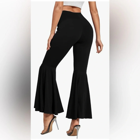 LYANER Casual High Waist Ruffle Flare Pants Wide Leg Solid Stretchy Bell Bottom - Picture 4 of 14